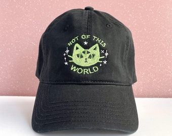 Not Of This World, Alien Cat Embroidered Hat with Adjustable Strap Back, Adult Unisex, Cute Baseball Cap, Galaxy Dad Hats, Embroidery Gift