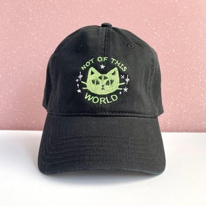 Not Of This World, Alien Cat Embroidered Hat with Adjustable Strap Back, Adult Unisex, Cute Baseball Cap, Galaxy Dad Hats, Embroidery Gift