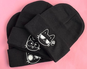 Glow in the Dark Embroidered Beanies for Cat Lovers, Cute Cat Emojis, Adult Unisex Black Beanie, Cuffed Knit Head wear, Embroidery Gifts