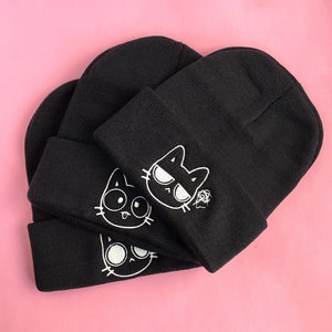 Glow in the Dark Embroidered Beanies for Cat Lovers, Cute Cat Emojis, Adult Unisex Black Beanie, Cuffed Knit Head wear, Embroidery Gifts image 1