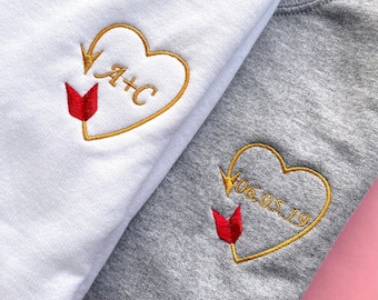 Custom Initials Embroidered Sweatshirt, Adult Unisex, Heart Arrow Embroidered Crewneck, Personalized Date Pull Over, Valentines Embroidery