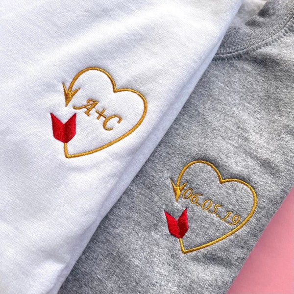 Custom Initials Embroidered Sweatshirt, Adult Unisex, Heart Arrow Embroidered Crewneck, Personalized Date Pull Over, Valentines Embroidery