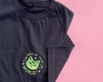 Not Of This World, Alien Cat Embroidered Shirt, Adult Unisex Lightweight Tee, Cute Galaxy Embroidered Shirt, Kawaii Gift for Space Lovers