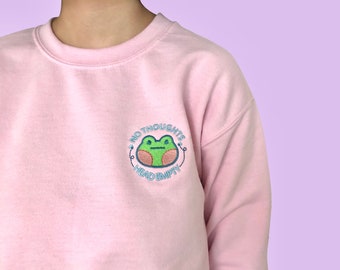 No Thoughts Head Empty, Frog Crewneck Sweatshirt, Adult Unisex Pink Clothing, Kawaii Broded Sweatshirt, Light Pink Pull over Sweatshirt