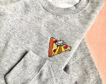 UFO Pizza Embroidered Sweatshirt, Adult Unisex, Cute Galaxy Embroidered Crewneck for Autumn, Space Embroidery Gift for Alien Lovers