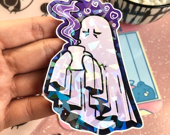 Tired Ghost w/ Morning Coffee Holographic Sticker for Laptop, Journal, etc. Cracked Ice Holo, Halloween Stickers for Stockings & Goodie Bags