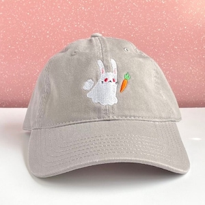 Bunny Ghost Embroidered Dad Hat with Adjustable Strap Back, Adult Unisex, Rabbit Baseball Cap for Halloween, Spooky & Cute Embroidery Gifts