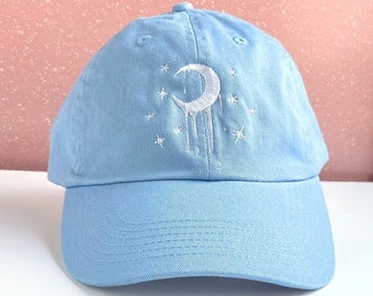 Crescent Moon Embroidered Hat w/ Adjustable Strap Back, Adult Unisex, Melting Moon Phase Baseball Cap, Glow Dad Hats, Cute Embroidery Gift