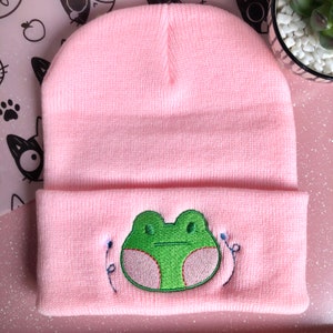 Frog Flies Embroidered Beanie, Adult Unisex, Cuffed Knit Beanies, Kawaii Blank Faced Froggy Hat, Cute & Unique Gift for Froggie Lovers