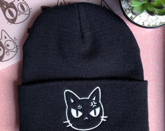 Glow in the Dark Angry Cat Beanie, Embroidered Black Cat Unisex Adult Beanie, Cuffed Knit Beanies, Cat Lover Gift, Cat Gift for Her, for him