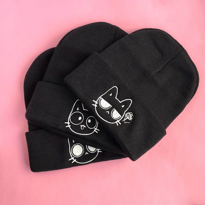 Glow in the Dark Embroidered Beanies for Cat Lovers, Cute Cat Emojis, Adult Unisex Black Beanie, Cuffed Knit Head wear, Embroidery Gifts image 1