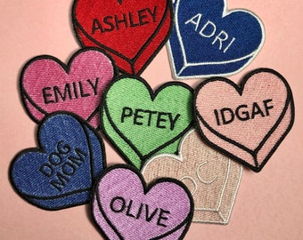 Personalized Name, Word Or Date Iron Patch, Candy Heart Sew On Patch, Heart Patches for Hats Purses Backpacks, Sew On Patch, Anti Valentine