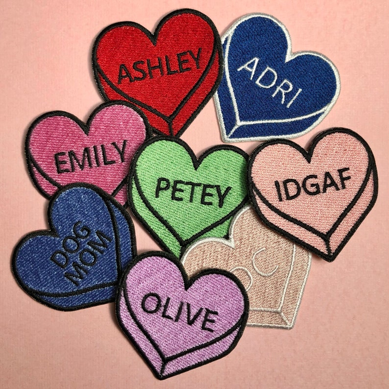 Personalized Name, Word Or Date Iron Patch, Candy Heart Sew On Patch, Heart Patches for Hats Purses Backpacks, Sew On Patch, Anti Valentine image 1