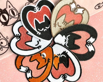 Heart Symbol Cat Iron On Patch for Clothes, Backpacks, Hats, Bags, etc. Kawaii Sew on Badge. Calico, Tuxedo, Tabby & Orange Cats Embroidery