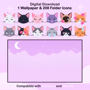 Puede incluir: Descarga digital con un fondo de pantalla y 208 iconos de carpeta, cada uno con una cara de gato que expresa emociones. El fondo es de color púrpura suave con una luna y estrellas. El texto en la parte superior dice "Digital Download 1 Wallpaper & 208 Folder Icons."
