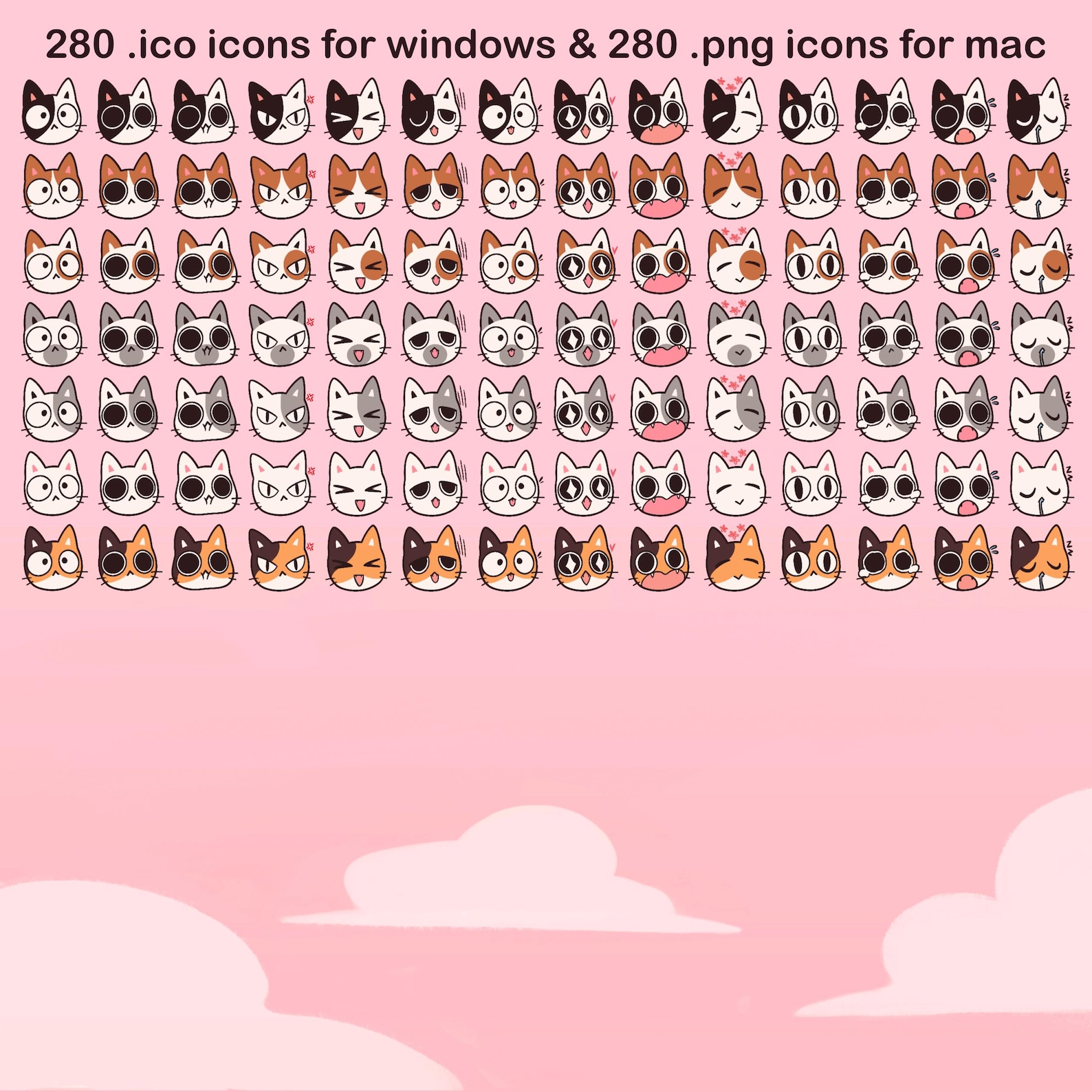 Cute Desktop Cats Folder Icons for Mac & Windows. Kitty Cat Emoji Icon ...