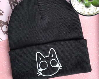 Glow in the Dark Crying Cat Beanie, Brodé Black Unisex Adult Beanie, Cuffed Knit Beanies, Cat Lover Gift, Cat Gift for Her, for him