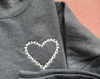 Glow in the Dark Skeleton Heart Embroidered Sweatshirt, Adult Unisex, Halloween Embroidered Crewneck, Spooky & Cute, Unique Embroidery Gift