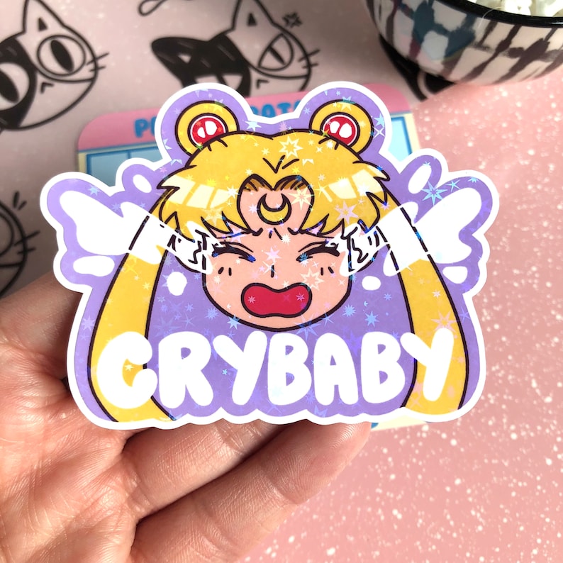 Crybaby Sticker, Crying Sailor Moon Sticker, Glossy Holographic Sticker, Magical Girl Sticker, Journal Sticker, Sailor Scout Fighting Evil 