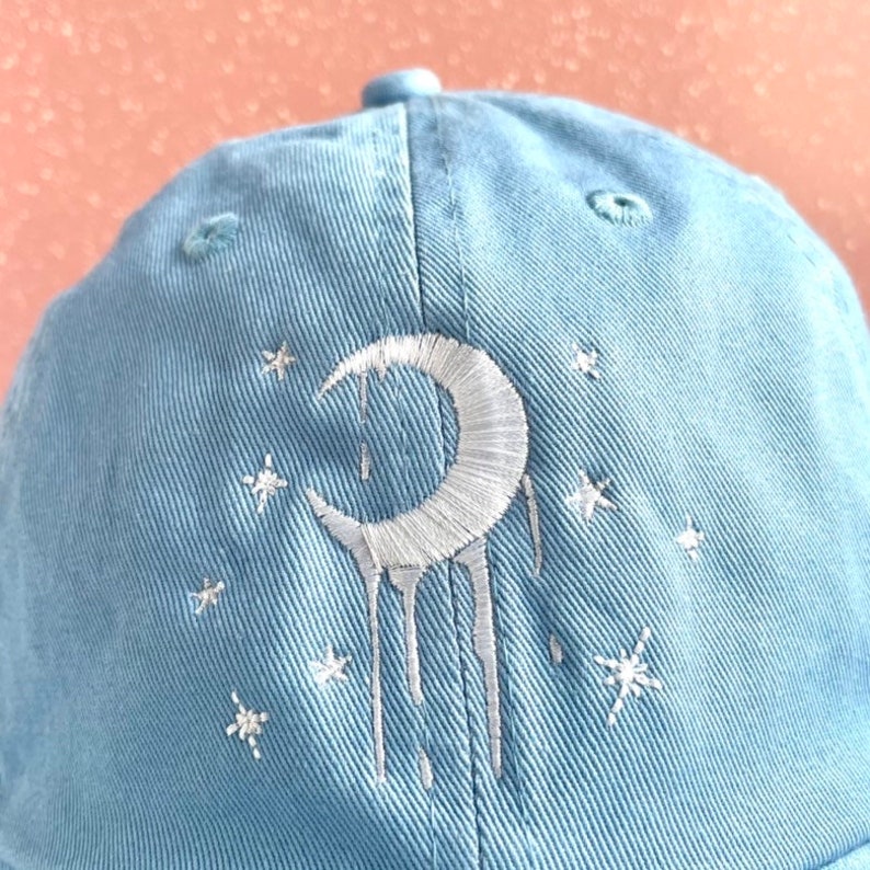 Crescent Moon Embroidered Hat w/ Adjustable Strap Back, Adult Unisex, Melting Moon Phase Baseball Cap, Glow Dad Hats, Cute Embroidery Gift image 3