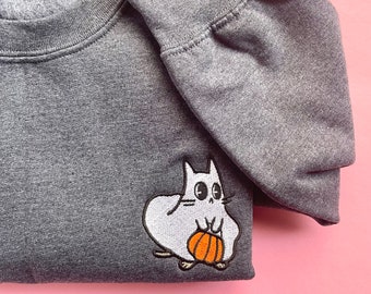 Ghost Cat Embroidered Sweatshirt, Adult Unisex, Cute Halloween Embroidered Crewneck, Spooky & Goth Pull Over, Unique Embroidery Gift