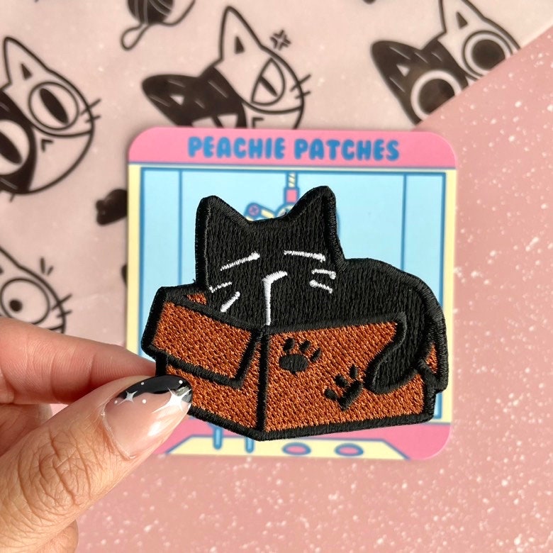 Sleepy Cat in a Box Iron On Patch for Clothes, Backpacks, Hats, Bags, etc Adorable Clothing Accessory, Cute Embroidery, Kawaii Sew On Badge