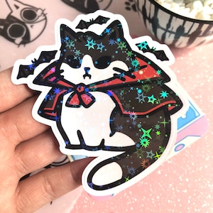 Vampire Cat Holographic Sticker for Laptop, Journal, etc. Star Holo, Stickers for Stockings & Goodie Bags, Halloween Cats for Kitty Lovers