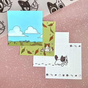 Cat Themed Memo Pads, 50 Sheet Tear Away Notepad, Grid Handmade Stationery, Cute Cloudy Sky & Autumn Leaves Paper Sheets, Journal Gift Ideas