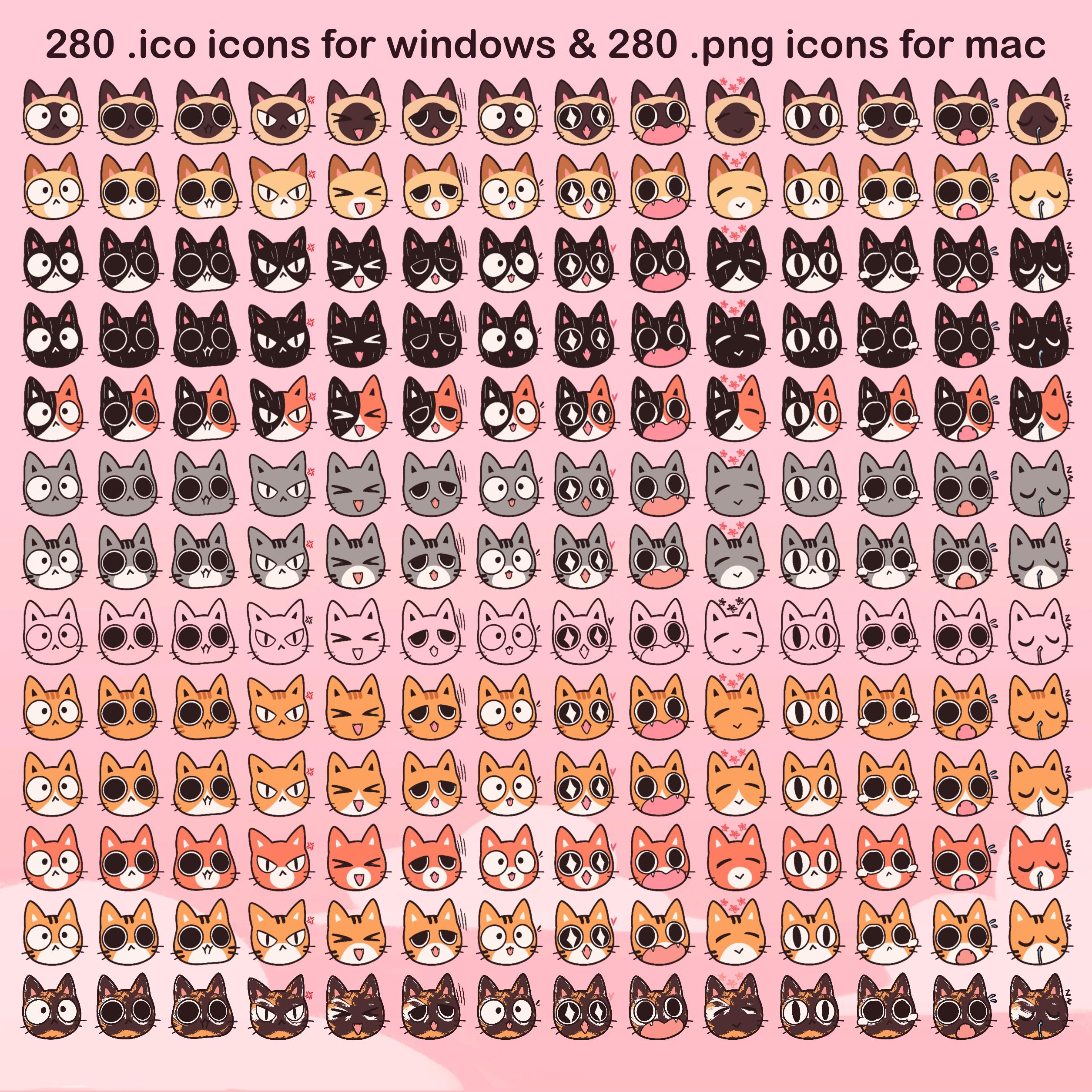 Cute Desktop Cats Folder Icons for Mac & Windows. Kitty Cat Emoji Icon ...