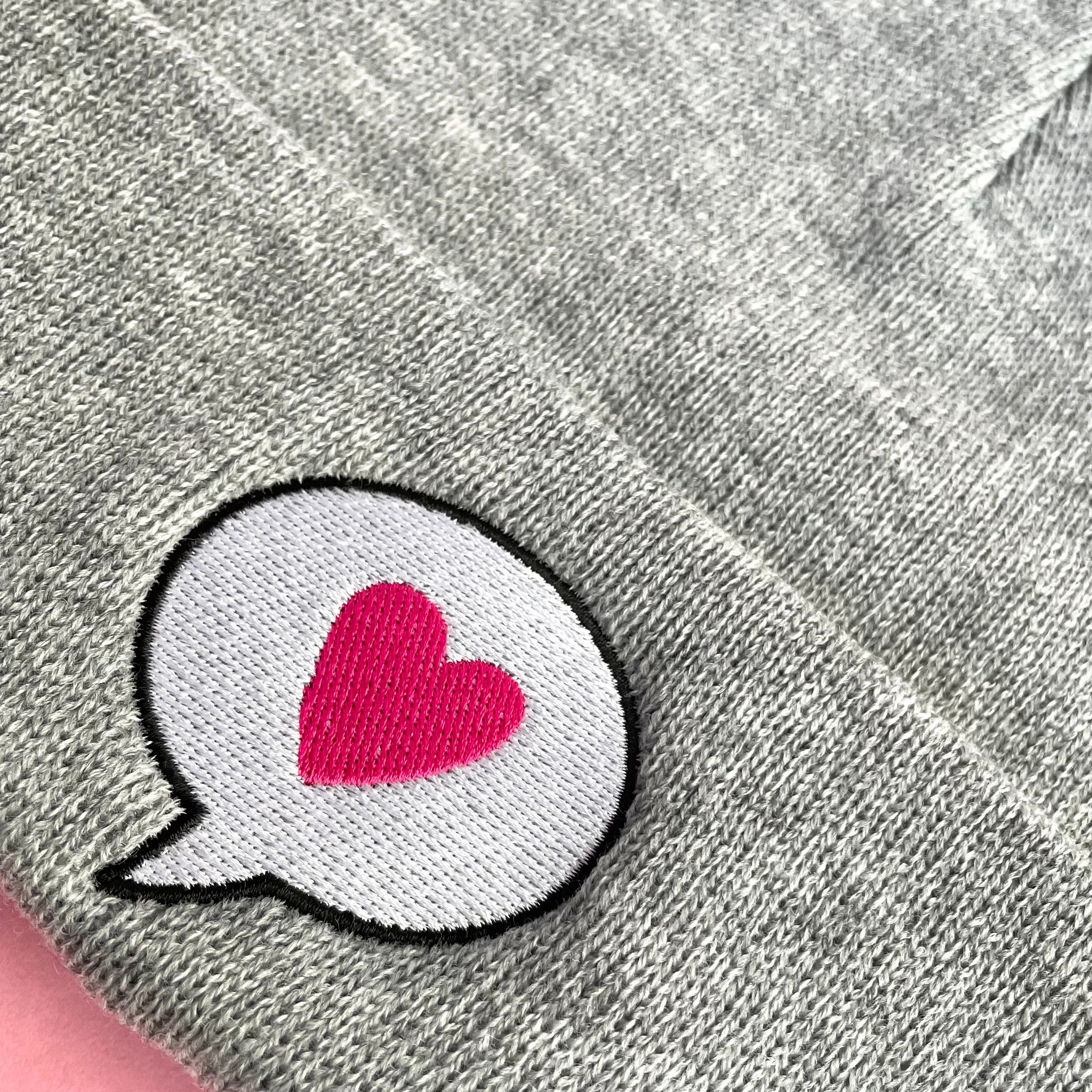 Heart Speech Bubble Embroidered Unisex Adult Cuffed Knit Beanie w/Pom Pom Hand Knitted Heart Beanie w/Pom Pom - Après Babe main image 4