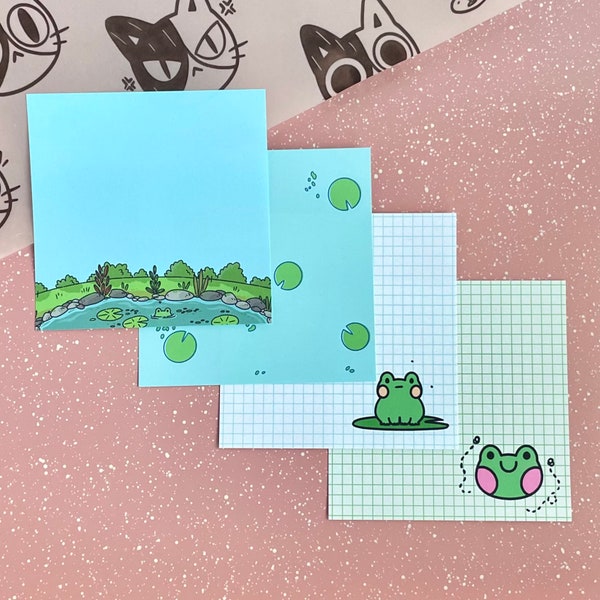 Frog Themed Memo Pads, 50 Sheet Tear Away Notepad, Grid Handmade Stationery, Cute Froggy, Ponds & Lily Pads Paper Sheets, Journal Gift Ideas