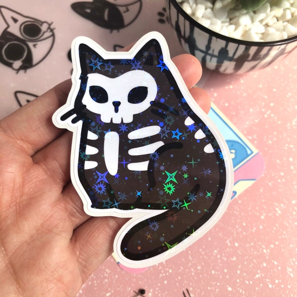 Skeleton Cat Sticker, Holographic Star Sticker Journal Sticker, Halloween Cat Costume, Halloween Goodie Bag Fillers, Cat Gifts for Cat Lover