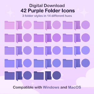 Könnte beinhalten: Digitaler Download von 42 lila Ordner-Symbolen in verschiedenen Farbtönen. Das Bild zeigt drei Ordnerstile, darunter Ordner und Kreise, in 14 verschiedenen Farbtönen. Kompatibel mit Windows und MacOS.