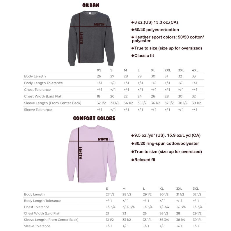 May include: A size chart for Gildan sweatshirts, showing measurements in inches for different sizes. The chart includes body length, body length tolerance, chest tolerance, chest width, sleeve length, and sleeve tolerance. The chart also includes information about the fabric composition and fit of the sweatshirts.