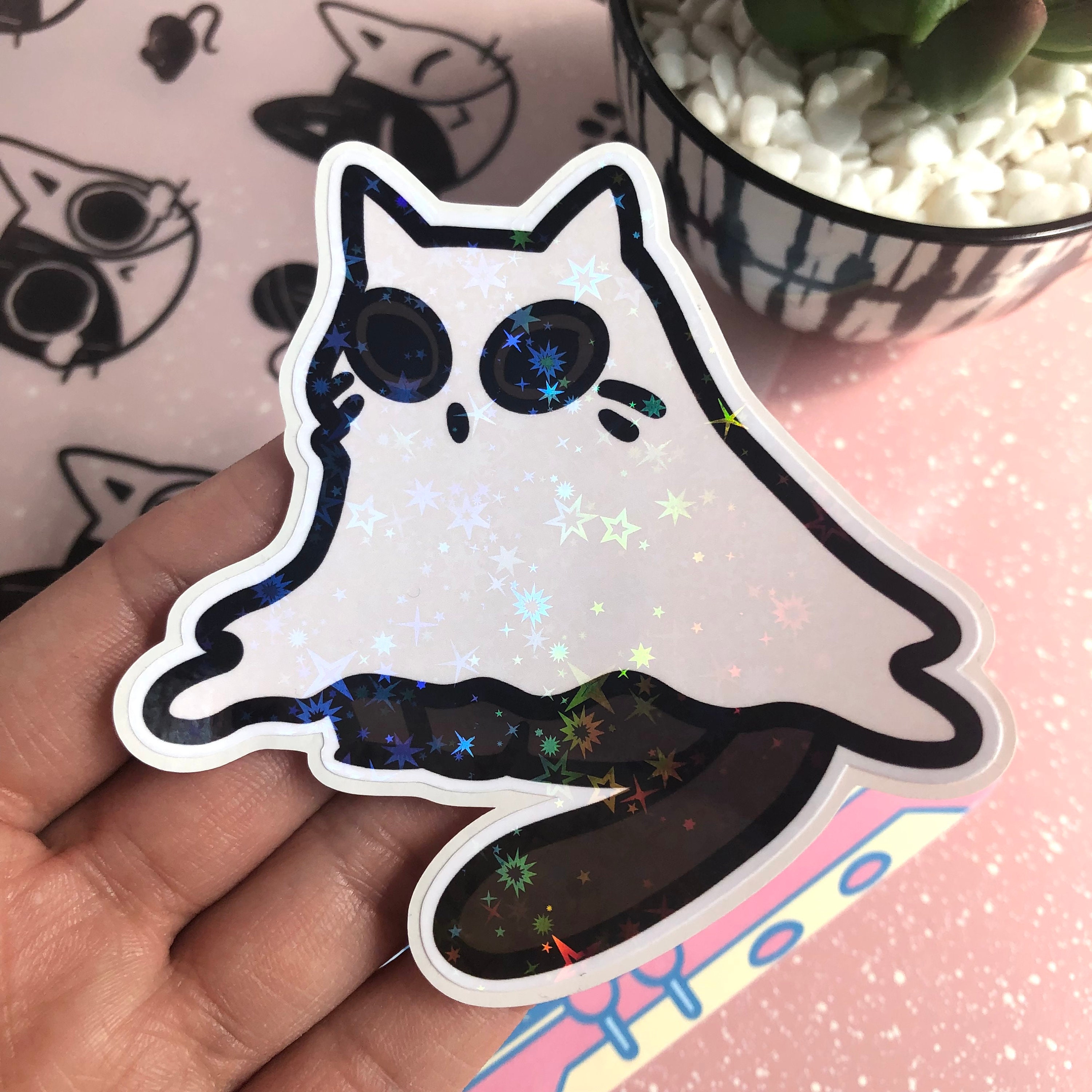 Ghost Cat Sticker Vinyl Decal Notebook Car Laptop 5" X 5.5" (Silver