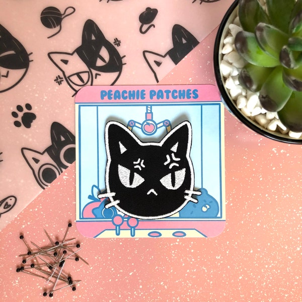 Glow in the Dark Angry Cat, Black Cat Sew On Patch, Patches for Hats, Embroidered Backpack Patch, Kawaii, Cat Lover Gift, Cat Gift for Her
