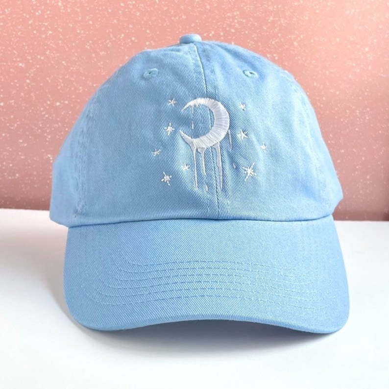 Crescent Moon Embroidered Hat w/ Adjustable Strap Back, Adult Unisex, Melting Moon Phase Baseball Cap, Glow Dad Hats, Cute Embroidery Gift image 1