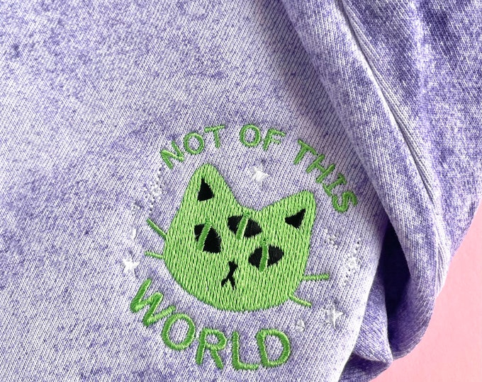 Not Of This World, Alien Cat Embroidered Sweatshirt, Adult Unisex, Cute Galaxy Embroidered Crewneck for Autumn, Kawaii Gift, Comfort Colors