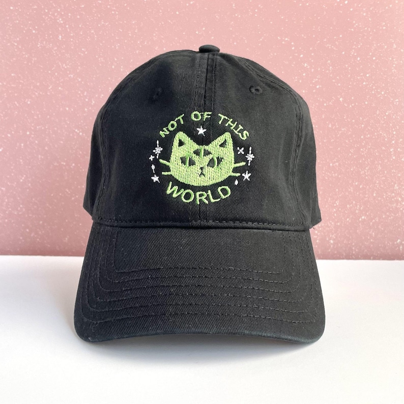 Not Of This World, Alien Cat Embroidered Hat with Adjustable Strap Back, Adult Unisex, Cute Baseball Cap, Galaxy Dad Hats, Embroidery Gift image 1
