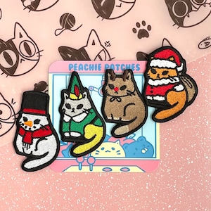 Christmas Iron On Patch for Backpacks, Hats, Bags, etc. Kawaii Cat Embroidery, Snowman, Elf, Reindeer & Santa Sew On Badge, Cute Accessory