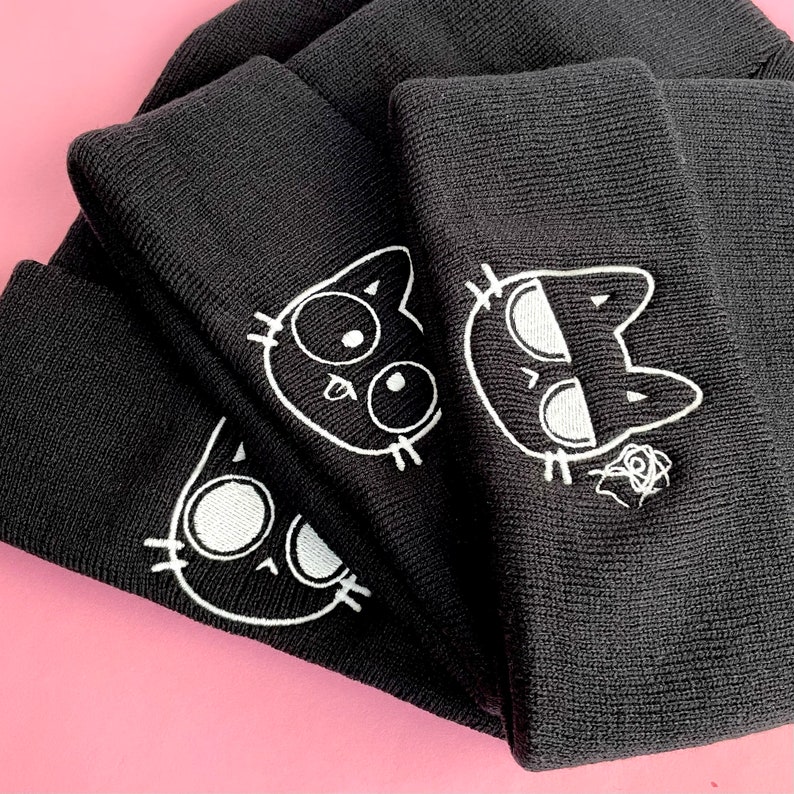 Glow in the Dark Embroidered Beanies for Cat Lovers, Cute Cat Emojis, Adult Unisex Black Beanie, Cuffed Knit Head wear, Embroidery Gifts image 3