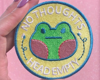 Pas de pensées, tête vide, écusson grenouille mignonne à repasser pour vêtements, sacs à dos, sacs, etc. Grenouille dessin animé à coudre, cadeau badge, cadeau broderie meme