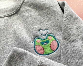 Frog Emoji Embroidered Sweatshirt, Adult Unisex, Froggy Emotions Embroidered Crewneck, Cute Froggy Expressions, Unique Embroidery Gift