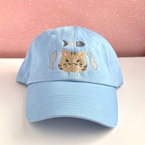 Cute Tabby Cat Embroidered Hat with Adjustable Strap Back, Adult Unisex, Soft Baseball Cap for Summer, Fish Bone Dad Hats, Embroidery Gift