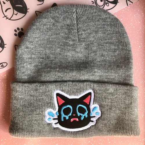 Black Cat Beanie Crying Cat Embroidery 