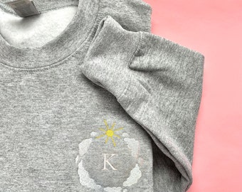 Personalized Sun & Clouds Wreath Embroidered Sweatshirt, Adult Unisex, Custom Initials Crewneck, Sunshine Pull Over, Cute Embroidery Gift
