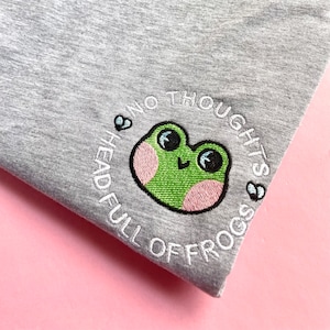 No Thoughts Head Full of Frogs, Cute Frog Embroidered Shirt, Adult Unisex Lightweight Tee, Cartoon Froggy Embroidered Shirt, Toad Lover Gift