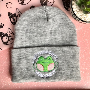 No Thoughts Head Empty, Frog Embroidered Beanie, Adult Unisex, Cuffed Knit Beanies, Blank Face Froggy Hat, Cute Gift for Froggie Lovers