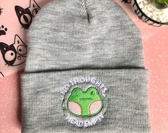 No Thoughts Head Empty, Frog Embroidered Beanie, Adult Unisex, Cuffed Knit Beanies, Blank Face Froggy Hat, Cute Gift for Froggie Lovers