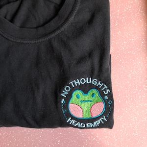 No Thoughts Head Empty, Frog Lightweight T Shirt, Adult Unisex Pink Clothing, Kawaii Embroidered Tee, Gift for Him, Gift for Her, Frog Meme